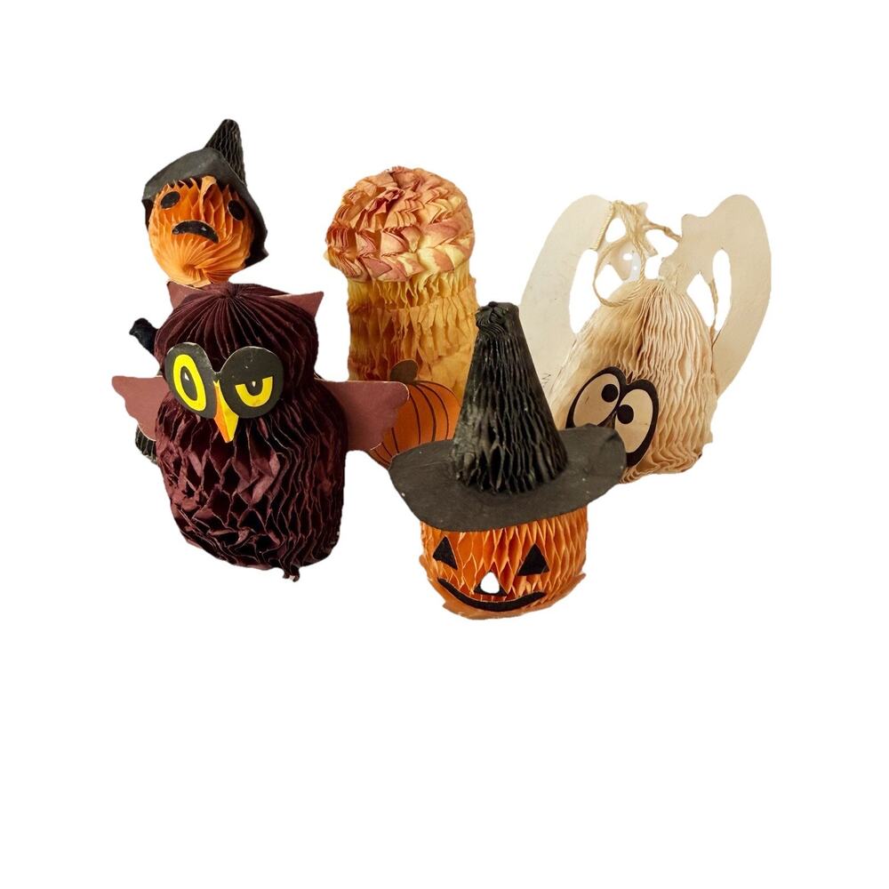 Vintage 50s Halloween Honeycomb Decorations Mini Crepe Witch Owl Ghost Hay Bale